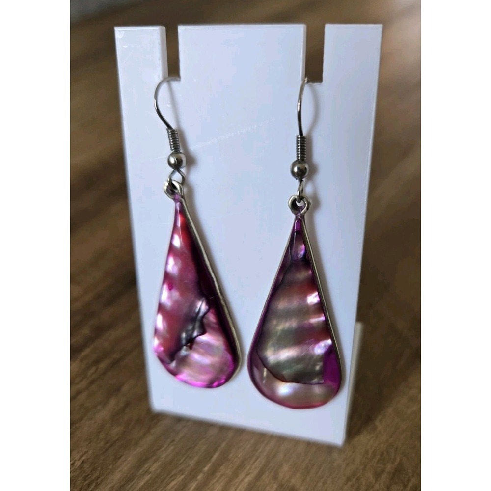 VTG Abalone Pink Dyed Sterling Silver Mexico Dangle/Teardrop Earrings Hook Back